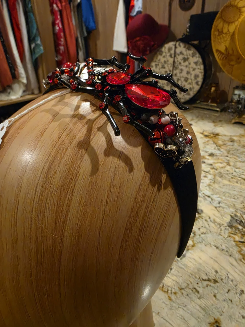 Black Headband with Red Spider, Beaded Embellishment